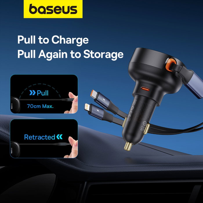 Baseus Enjoyment Pro Cargador de Coche 60W con Cable USB-C Retráctil Negro Baseus Enjoyment Pro Cargador de Coche 60W con Cable USB-C Retráctil Negro