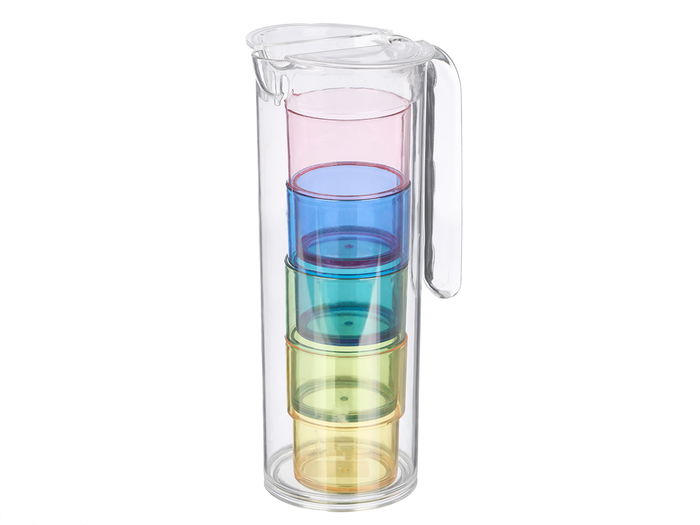 Leknes Set Jarra 1,6 L con 4 Vasos de Colores Transparente, Amarillo, Azul, Rosa, Verde - Dimensiones 14.5 x 28 x 11 cm (Set de 8)