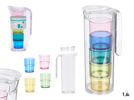 Leknes Set Jarra 1,6 L con 4 Vasos de Colores Transparente, Amarillo, Azul, Rosa, Verde - Dimensiones 14.5 x 28 x 11 cm (Set de 8)