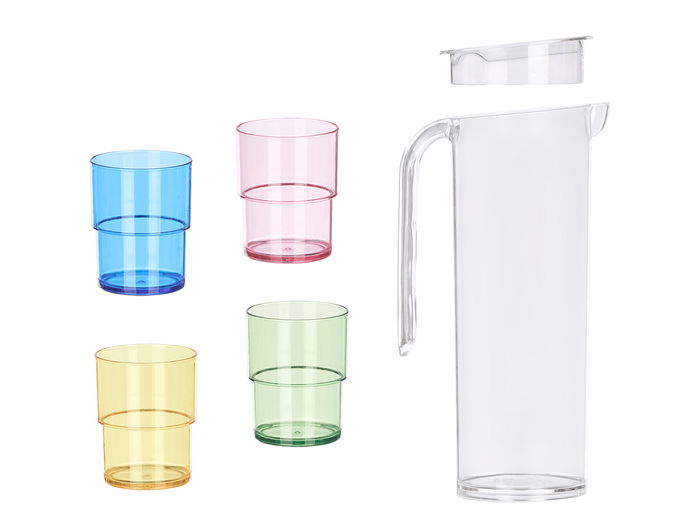 Leknes Set Jarra 1,6 L con 4 Vasos de Colores Transparente, Amarillo, Azul, Rosa, Verde - Dimensiones 14.5 x 28 x 11 cm (Set de 8)