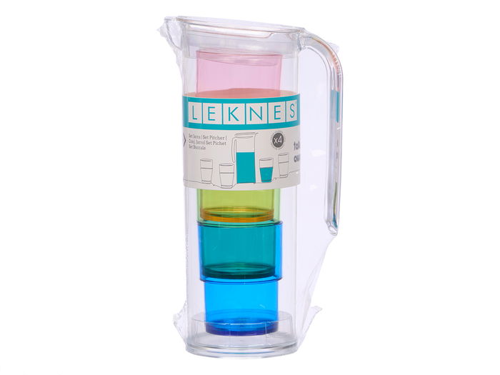 Leknes Set Jarra 1,6 L con 4 Vasos de Colores Transparente, Amarillo, Azul, Rosa, Verde - Dimensiones 14.5 x 28 x 11 cm (Set de 8)