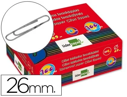 Liderpapel Clips nº1,5 Labiados 26 mm Caja 100 Unidades Calidad Extra Zinc Punta Redonda