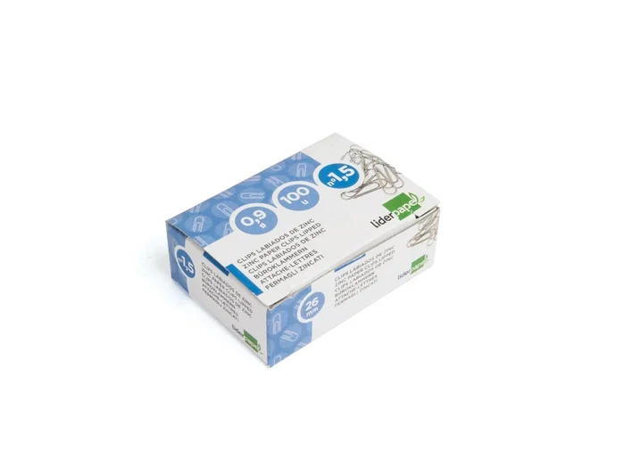 Liderpapel Clips nº1,5 Labiados 26 mm Caja 100 Unidades Calidad Extra Zinc Punta Redonda