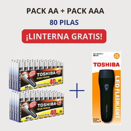 TOSHIBA Pack de 80 Pilas Alcalinas AA y AAA - Linterna Negra de Regalo, PROMO