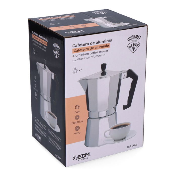 Gourmet Kitchen Cafetera de Aluminio para 3 Tazas, Compatible con Gas, Vitrocerámica y Placa Eléctrica