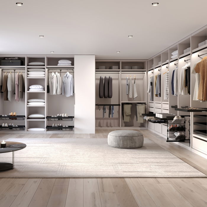 Emuca Kit de cajón organizador y bastidor de guías con cierre suave para armario, regulable, módulo 600mm, Negro texturizado y gris piedra