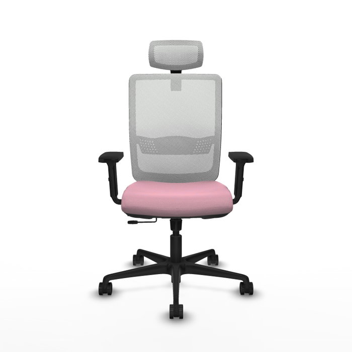 Silla de oficina Haches con mecanismo Sincro/Traslack tapizada con Tela color Rosa y malla color Blanco. Equipada con lumbar 1D, Brazos 2D, Cabecero 2D y Ruedas 65mm nailon