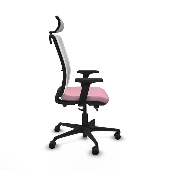 Silla de oficina Haches con mecanismo Sincro/Traslack tapizada con Tela color Rosa y malla color Blanco. Equipada con lumbar 1D, Brazos 2D, Cabecero 2D y Ruedas 65mm nailon