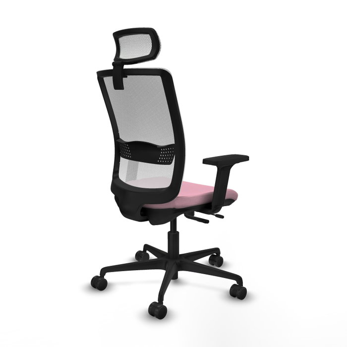 Silla de oficina Haches con mecanismo Sincro/Traslack tapizada con Tela color Rosa y malla color Blanco. Equipada con lumbar 1D, Brazos 2D, Cabecero 2D y Ruedas 65mm nailon