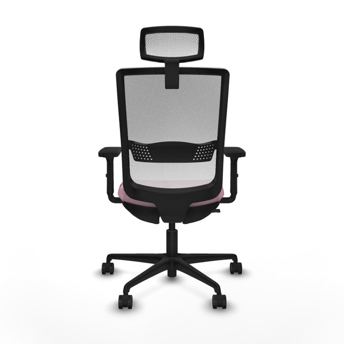 Silla de oficina Haches con mecanismo Sincro/Traslack tapizada con Tela color Rosa y malla color Blanco. Equipada con lumbar 1D, Brazos 2D, Cabecero 2D y Ruedas 65mm nailon