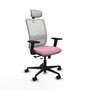 Silla de oficina Haches con mecanismo Sincro/Traslack tapizada con Tela color Rosa y malla color Blanco. Equipada con lumbar 1D, Brazos 2D, Cabecero 2D y Ruedas 65mm nailon