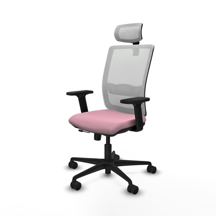 Silla de oficina Haches con mecanismo Sincro/Traslack tapizada con Tela color Rosa y malla color Blanco. Equipada con lumbar 1D, Brazos 2D, Cabecero 2D y Ruedas 65mm nailon
