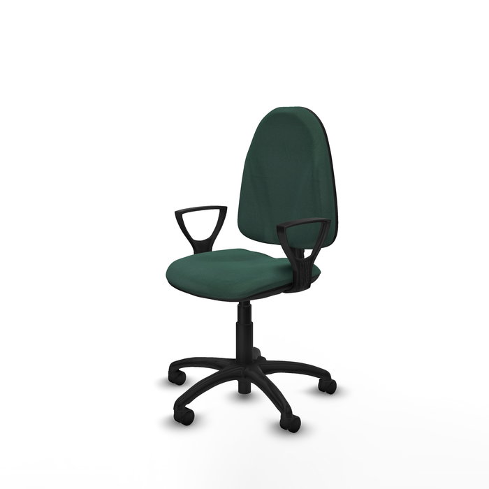 Silla de oficina Algarra con mecanismo Contacto permanente básico tapizada con Tela color Verde botella. Equipada con Base poliamida negra, Brazos fijos y Ruedas de nailon 50 mm