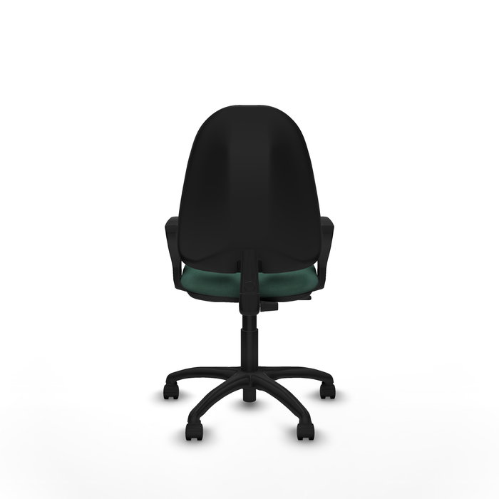 Silla de oficina Algarra con mecanismo Contacto permanente básico tapizada con Tela color Verde botella. Equipada con Base poliamida negra, Brazos fijos y Ruedas de nailon 50 mm