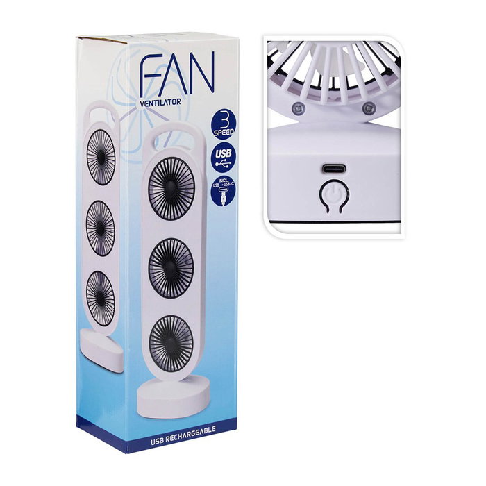 Basics Ventilador de Sobremesa Recargable Blanco y Negro con Asa, 3 Velocidades, Batería 1200mAh, Carga USB-C, Medidas 36.5x12x8.3 cm