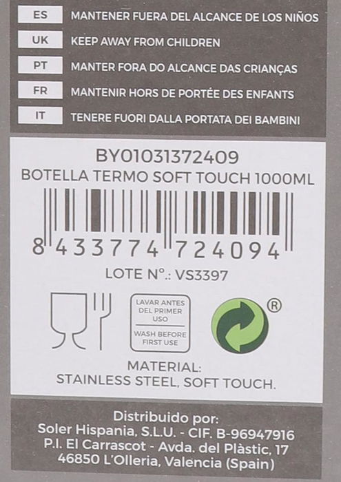 Thermosport Botella Termo Soft Touch 1000 ml - Botella Térmica de Acero Inoxidable con Aislamiento al Vacío, Diseño Ergonómico, 32 cm (6 Unidades)