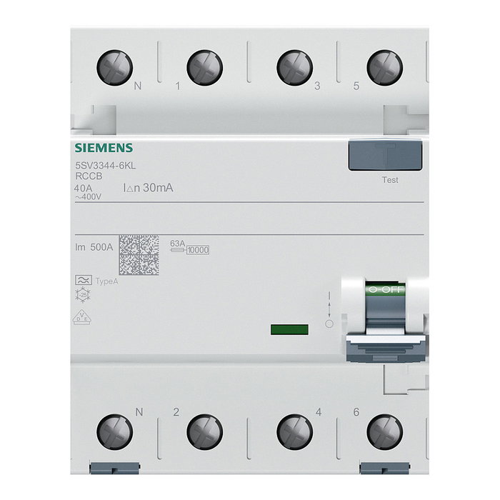 Siemens FI-Schalter 5SV33446KL Tipo A 40A 3+N-pol 30mA 400V 4TE N-links
