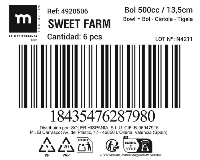 Inde Bol Sweet Farm 500cc 13 cm (18 Unidades)