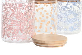 DKD Home Decor Bote Shabby Colección Bandana Pastel 700ml Azul Rosa Bambú y Borosilicato Apto Lavavajillas Cierre Hermético 10 x 12.5 x 10 cm (12 Unidades)