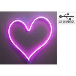 Basics Luz LED Decorativa Neon Corazón, 32x34 cm, Marco PS con Tira FV y Cobre, USB con Interruptor y Cable 2 m, Para Interior