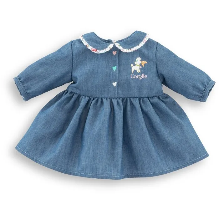 Corolle Vestido Weekend in Paris - COR1740742365305 - Muñeca de 30 cm en Imitación Denim con Cuello Peter Pan y Bordado de Corazón