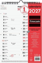 Finocam Calendario de Pared Mensual 2027 con Espacio para Escribir Columnas M 210x300