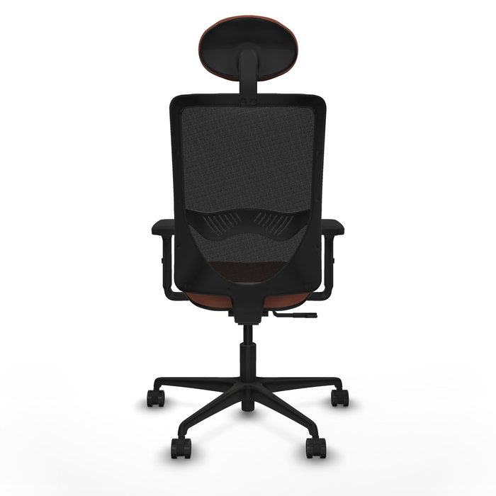 Silla de oficina Zulema con mecanismo Sincro tapizada con Tela color Marrón y malla color Negro. Equipada con lumbar 1D, Brazos 2D, Cabecero Fijo y Ruedas 65mm nailon