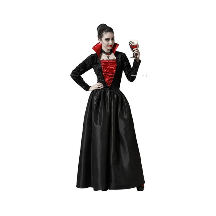 Disfraz de Vampiresa Mujer Adulta Largo Negro con Escote Rojo y Cuello Alto M-L