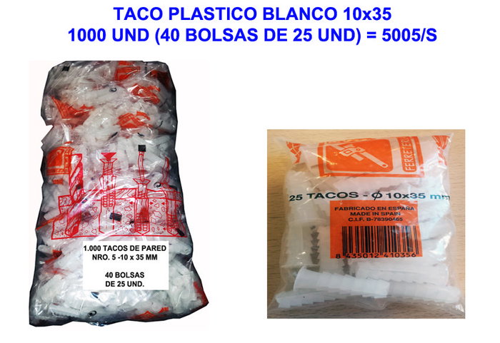Taco plástico blanco 10x35 mm (1000 unidades) Taco plástico blanco 10x35 mm (1000 unidades)