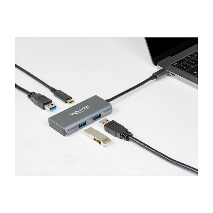 DeLOCK Concentrador USB 3.2 Gen 2 Externo Tipo-C con 4 Puertos: 3 USB-A y 1 USB-C, Aluminio, Velocidad 10 Gbps, 10000 Mbit/s, Negro Gris, Plug and Play, Cable 12 cm