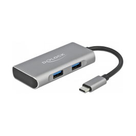DeLOCK Concentrador USB 3.2 Gen 2 Externo Tipo-C con 4 Puertos: 3 USB-A y 1 USB-C, Aluminio, Velocidad 10 Gbps, 10000 Mbit/s, Negro Gris, Plug and Play, Cable 12 cm