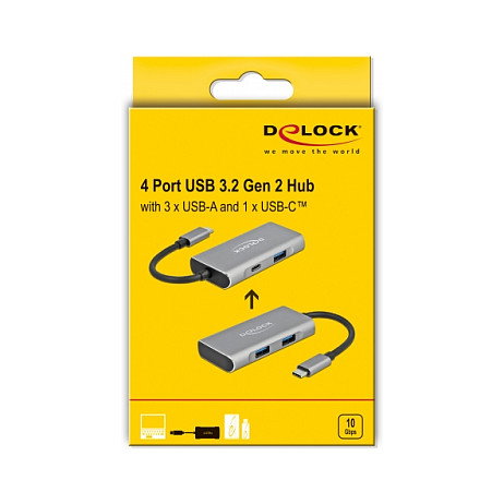 DeLOCK Concentrador USB 3.2 Gen 2 Externo Tipo-C con 4 Puertos: 3 USB-A y 1 USB-C, Aluminio, Velocidad 10 Gbps, 10000 Mbit/s, Negro Gris, Plug and Play, Cable 12 cm