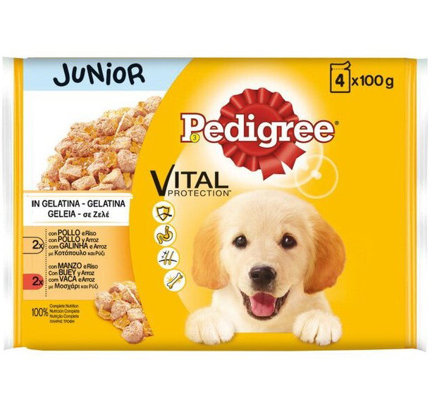 Pedigree Junior Pack de comida húmeda de pollo y buey con arroz para cachorros