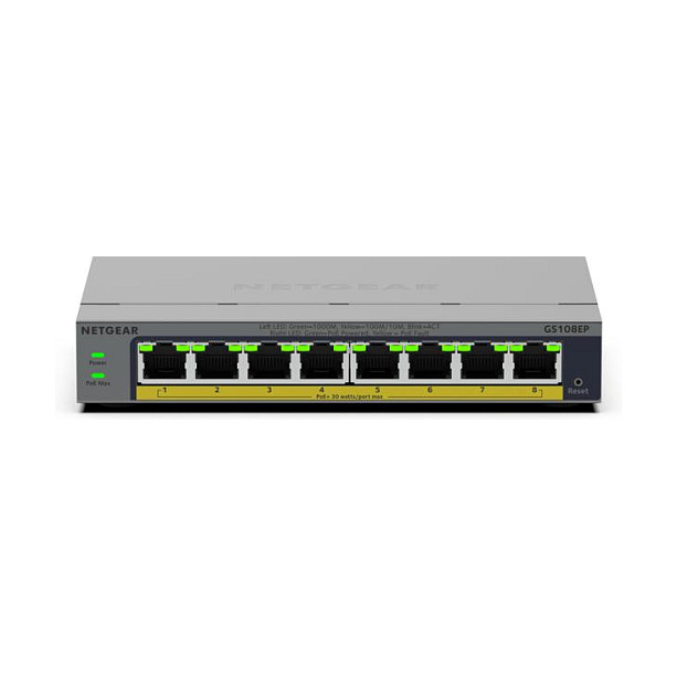 NETGEAR GS108EP Switch Gestionado L2/L3 de 8 Puertos Gigabit PoE+ con 62W, Easy Smart, Desktop o Montaje en Pared, Gris Metal