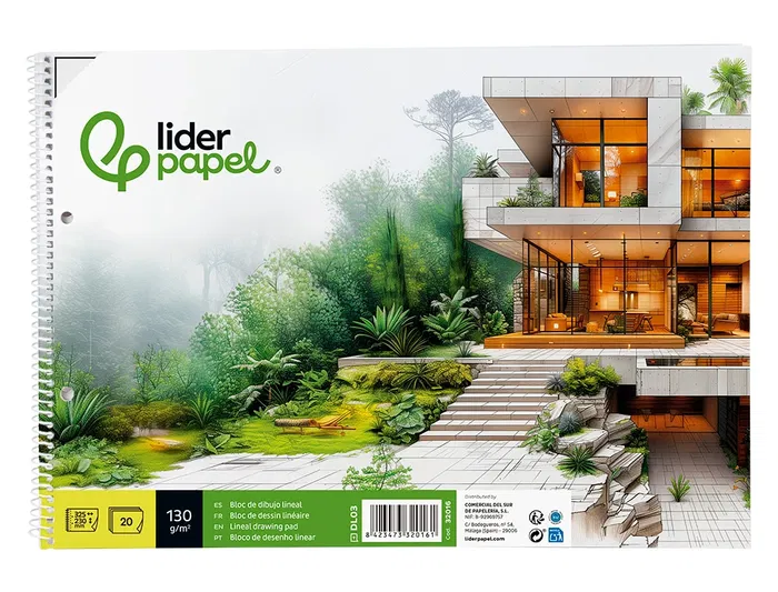 Liderpapel Bloc Dibujo Lineal Espiral 230x325mm 20 Hojas 130gr/m2 con Recuadro y 2 Taladros Perforado