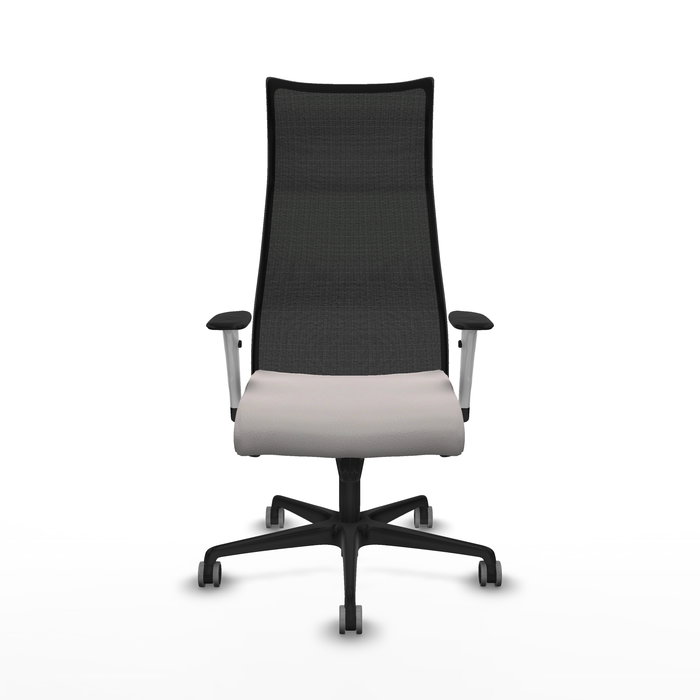 Sillón Albacete con mecanismo Sincro tapizada con Similpiel color Blanco y malla color Negro. Equipado con Base nailon negra, Brazos 1D y Ruedas 65 mm parqué