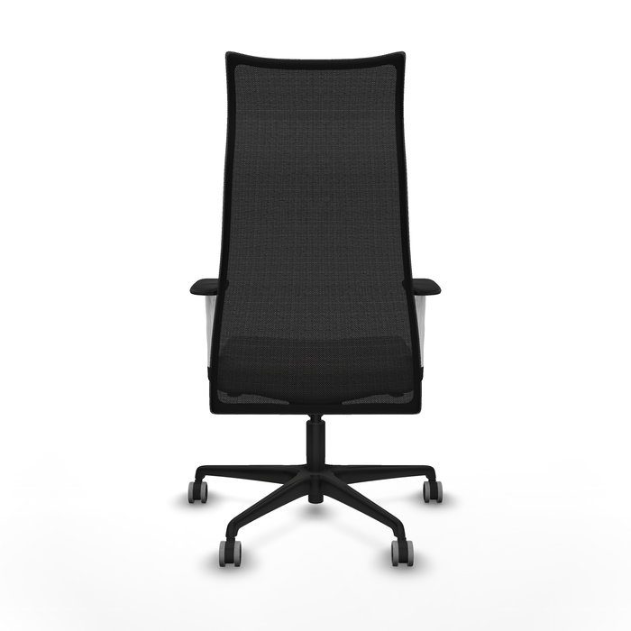 Sillón Albacete con mecanismo Sincro tapizada con Similpiel color Blanco y malla color Negro. Equipado con Base nailon negra, Brazos 1D y Ruedas 65 mm parqué