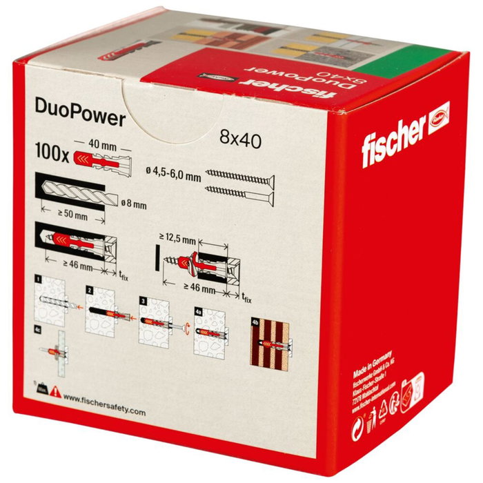 Fischer DuoPower 8 x 40 mm, Caja de 100 uds. de tacos de expansión universales