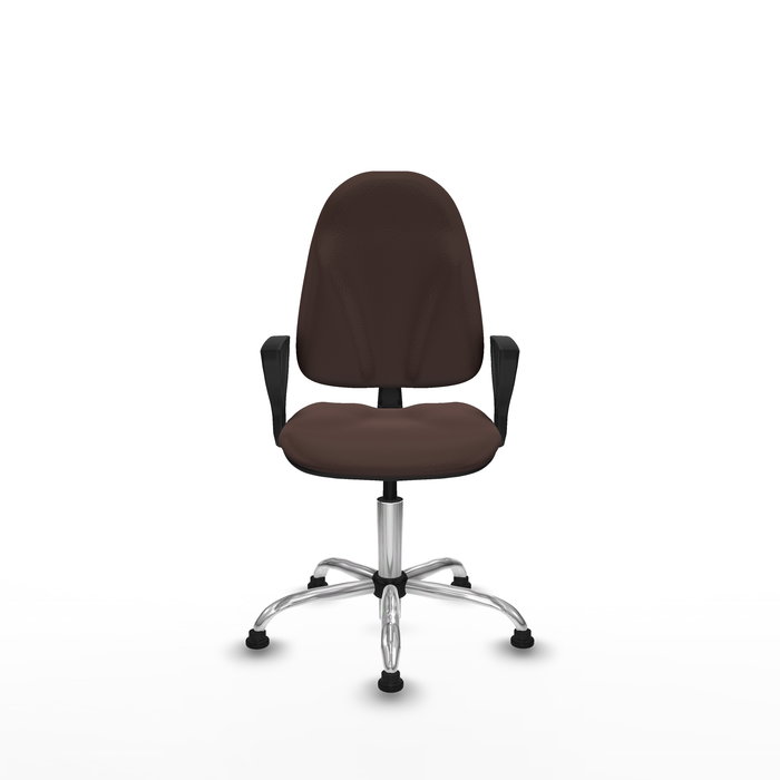 Silla de oficina Algarra con mecanismo Contacto permanente básico tapizada con Similpiel color Marrón oscuro. Equipada con Base cromada, Brazos fijosy Topes Silla de oficina Algarra con mecanismo Contacto permanente básico tapizada con Similpiel color Marrón oscuro. Equipada con Base cromada, Brazos fijosy Topes