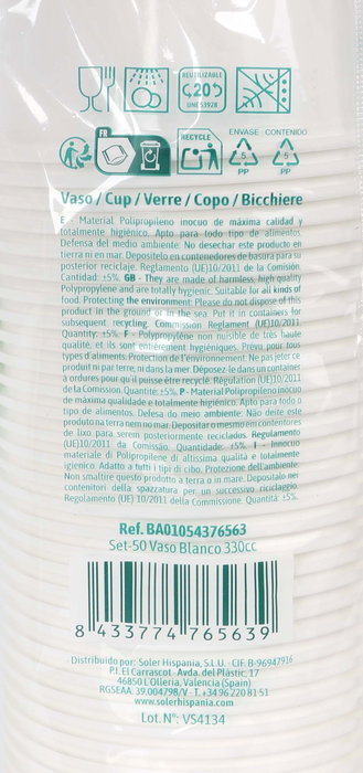 Algon Set de 50 Vasos Blancos de 330 ml para Bebidas, Diámetro 9.6 cm x Altura 10.1 cm, Tamaño Estándar (12 Unidades)