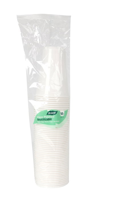 Algon Set de 50 Vasos Blancos de 330 ml para Bebidas, Diámetro 9.6 cm x Altura 10.1 cm, Tamaño Estándar (12 Unidades)