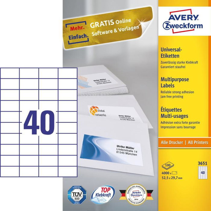 Avery Zweckform Etiquetas adhesivas A4 3651, 105 etiquetas por hoja, 52.5 x 29.7 mm