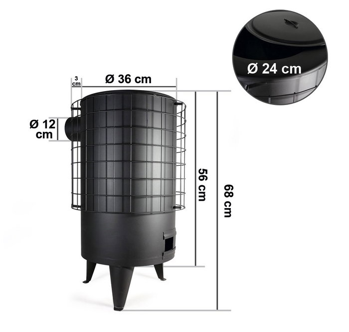 Estufa redonda de chapa Camper 68cm x 36cm negra con salida horizontal Estufa redonda de chapa Camper 68cm x 36cm negra con salida horizontal