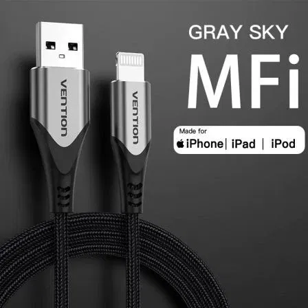 Vention LABHH Cable USB 2.0 Lightning Macho a Macho 2m Gris Certificado MFi Carga Rápida 2.4A