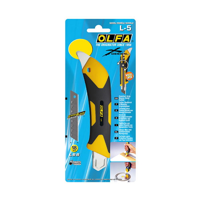 Olfa Cúter L-5 con Bloqueo Manual, Mango Antideslizante, Púa de Metal Duro y Cuchilla de 18 mm Resistente al Ácido y Acetona