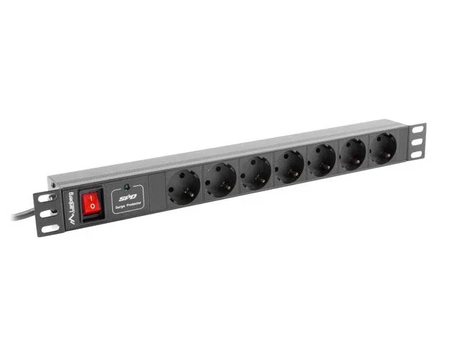 Lanberg PDU-07F-0200-IEC-BK - Unidad de Distribución de Energía (PDU) Rack 1U Horizontal, Negro, 7 Salidas AC Tipo F, C14, 2500W, 2m Cable