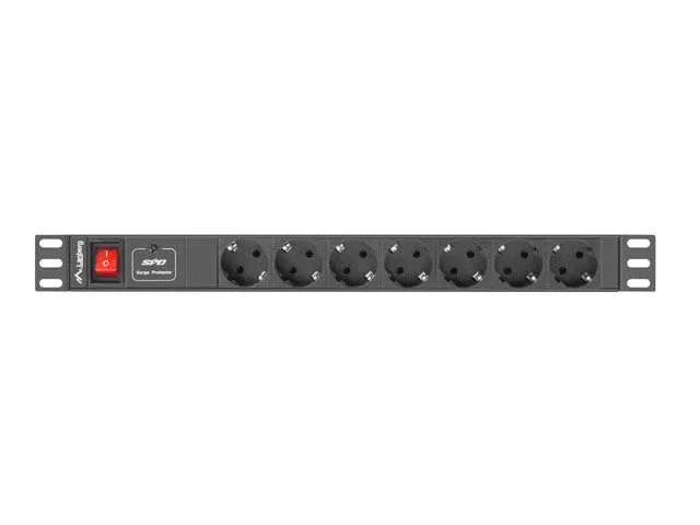 Lanberg PDU-07F-0200-IEC-BK - Unidad de Distribución de Energía (PDU) Rack 1U Horizontal, Negro, 7 Salidas AC Tipo F, C14, 2500W, 2m Cable