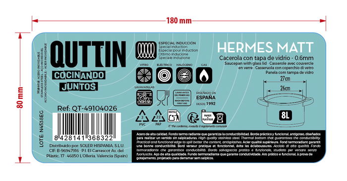 Inde Cacerola 26 cm (8 L) de Acero Inoxidable Industrial con Tapa, Modelo Hermes Matt, Serie QT (4 Unidades)