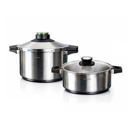 Elma Präst Duo - Olla a Presión Acero Inoxidable 18/10, 4+6 L, 2 Piezas, Triple Seguridad, Válvula 3 Colores, Fondo Difusor, Compatible con Inducción