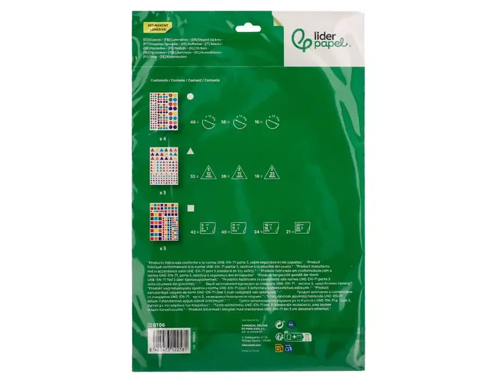 Liderpapel Gomets autoadhesivos figuras de colores y tamaños surtidos bolsa de 10 hojas